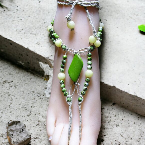 NEW Green & Yellow Beaded Barefoot Sandals. Handmade foot jewelry. - Picture 4 of 6